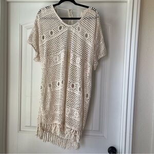 Blue Island Crochet Fringe Beach Cover Up Tunic in Cream size L/XL boho beach